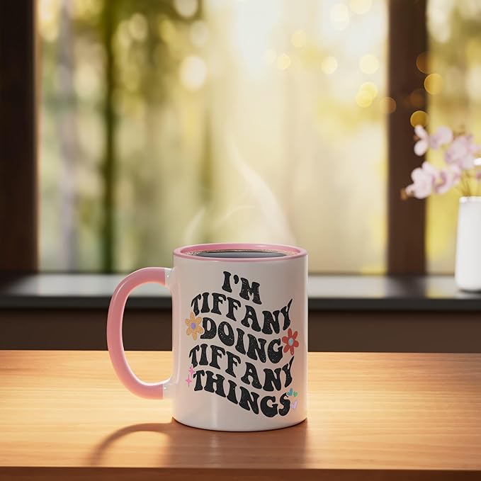 Retro Groovy Im TIFFANY Doing TIFFANY Things Funny Mother's Ceramic Mug, Pink/White