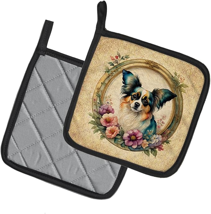 Caroline's Treasures Papillon and Flowers Pair of Pot Holders Kitchen Heat Resistant Pot Holders Sets Oven Hot Pads for Cooking Baking BBQ, 7 1/2 x 7 1/2