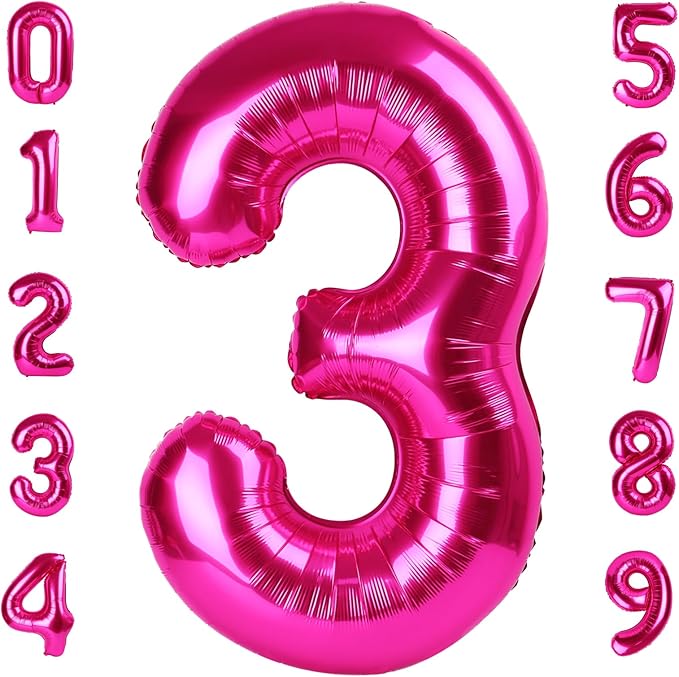 Numbers Balloon 3, 40 Inch Large Hot Pink Balloon for Three Year Old Birthday Decor, 3 13 30 31 Birthday Party Decorations for Wedding Supplies