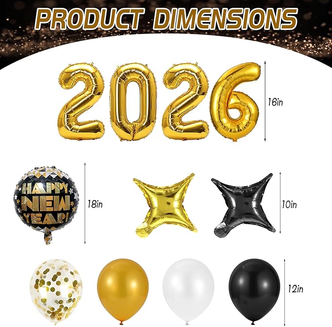 Happy New Year Party Decoration, 2026 Happy New Year Foil Balloon Banner and Metallic Curtains Photography Backdrops Party Decorations for NYE Party Supplies