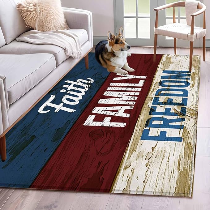 Area Rug 4x6ft, Independence Day USA Flag Washable Rugs for Living Room Bedroom, Vintage Wooden Grain Soft Non-Slip Area Rugs Rectangle Floor Carpet for Dining Room