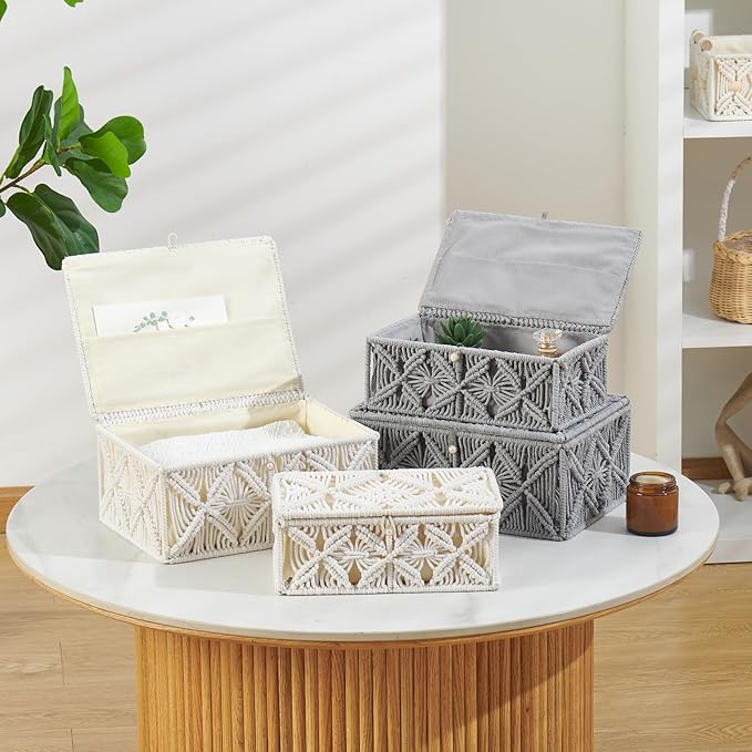 2PCS Decorative Boho Storage Baskets with Lid Bohemian Macrame Jewelry Box Handmade Natural Cotton Rope Woven Bins Memory Keepsake Makeup Organizer Container (Off White, 1 Large 1 Small)