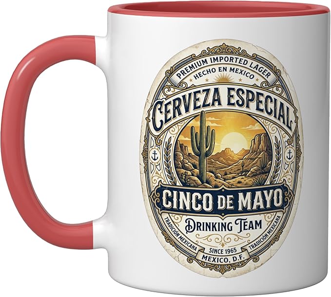 Cinco De Mayo Drinking Team Cerveza Beer Label Ceramic Mug, Red/White