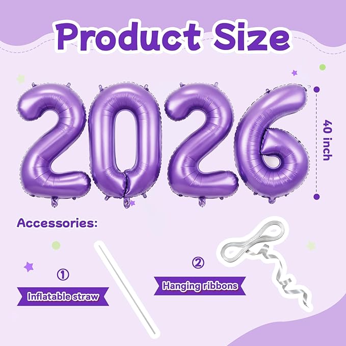 Purple 2026 Balloons, Jumbo 40 Inch Foil 2026 Number Balloons, Grad Balloons for Class of 2026 Graduation Party, Purple Matellic Foil New Year Birthday Home Office Party Supplies