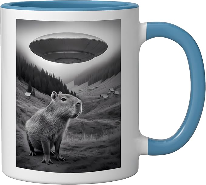 Vintage Capybara UFO Abduction Surreal Ironic Meme Ceramic Mug, Blue/White