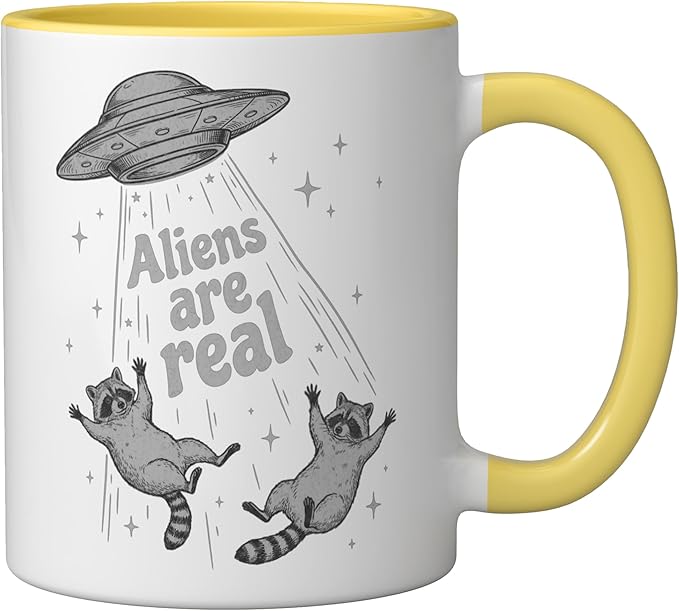 Aliens Are Real UFO Raccoon Abduction Ironic Meme Ceramic Mug, Yellow/White