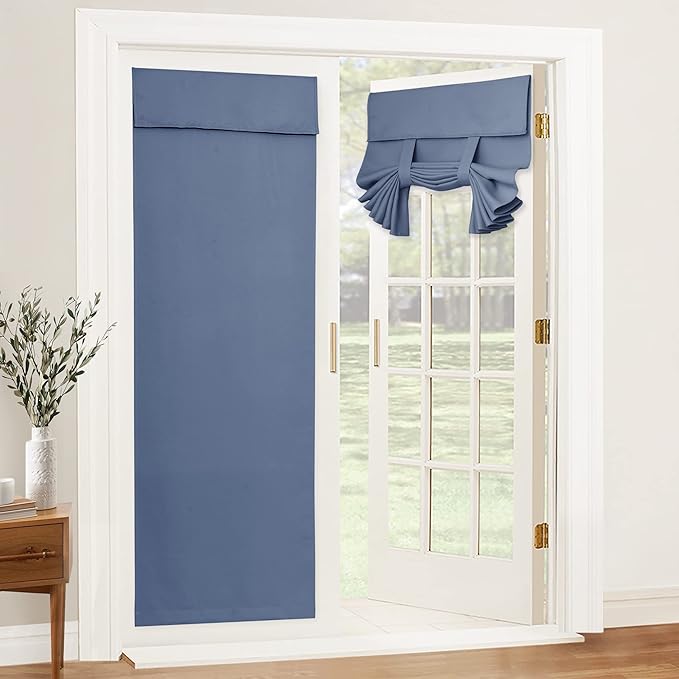 RYB HOME Blackout French Door Curtain - Privacy Thermal Insulated Window Shades for Patio Kitchen Front Entry Back Door Glass Window, Self Adhesive No Drill, 1 Panel, 26" W x 69" L, Stone Blue