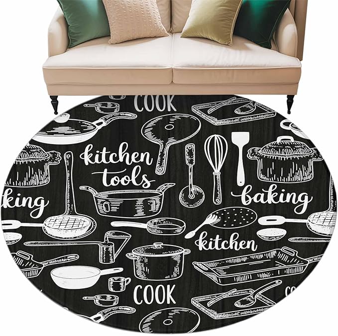 Black Kitchen Tools 6ft Round Rug, Modern Cooking Utensil Non-Skid Rubber Backing Large Area Rugs - Living Room Bedroom Home Office, Farmhouse Cookware Indoor Floor Mat Carpets Washable Rug