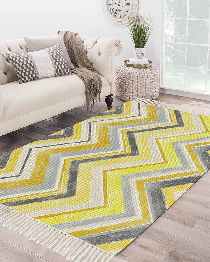Kitchen Runner Rugs, Yellow Gray Gradient Zigzag Stripe 4'x6' Throw Rug with Tassels, Nordic Style Abstract Art Washable Soft Floor Carpet Runner for Hallway Bedroom Bathroom Laundry Room