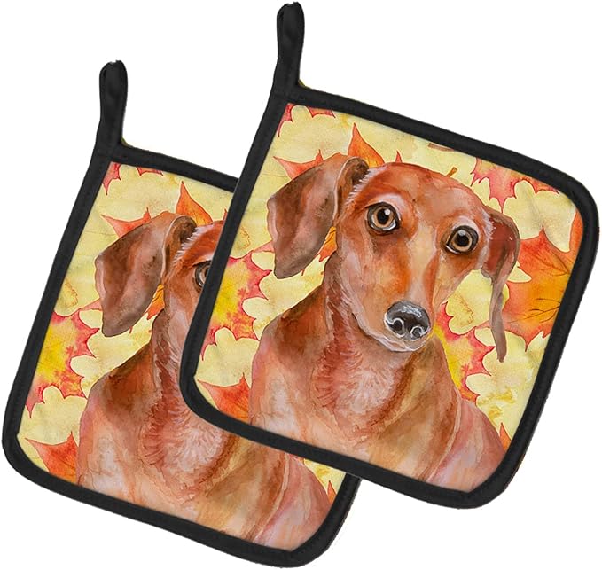 Caroline's Treasures BB9968PTHD Red Dachshund Fall Pair of Pot Holders, Yellow Kitchen Heat Resistant Pot Holders Sets Oven Hot Pads for Cooking Baking BBQ, 7 1/2 x 7 1/2