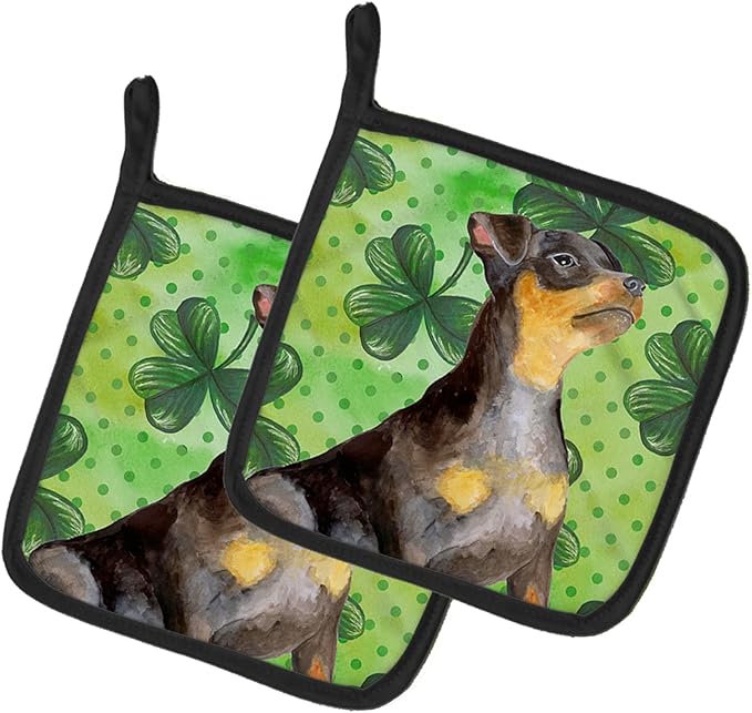 Caroline's Treasures BB9898PTHD Miniature Pinscher #2 St Patrick's Pair of Pot Holders, Green Kitchen Heat Resistant Pot Holders Sets Oven Hot Pads for Cooking Baking BBQ, 7 1/2 x 7 1/2