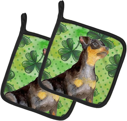 Caroline's Treasures BB9898PTHD Miniature Pinscher #2 St Patrick's Pair of Pot Holders, Green Kitchen Heat Resistant Pot Holders Sets Oven Hot Pads for Cooking Baking BBQ, 7 1/2 x 7 1/2
