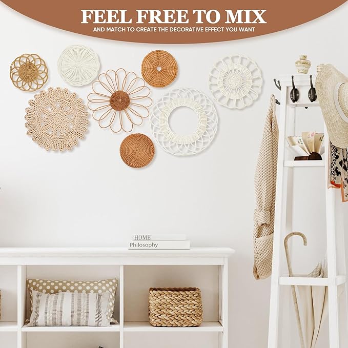Boho Wall Basket Decor Set of 8,Rattan Flower Wall Decor,Flat Woven Baskets Wall Hanging Decor,Unique Boho Wicker Seagrass Wall Decor(Rattan Classic)