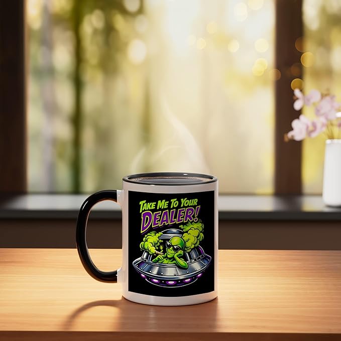 420 Take Me To Your Cannabis Weed Stoner Sc-Fi Alien UFO Ceramic Mug, Black/White
