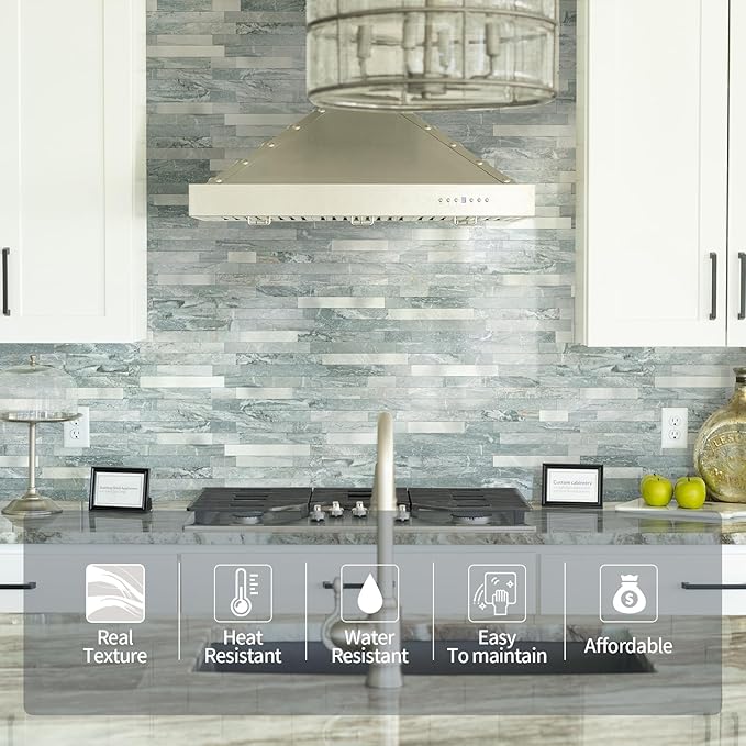 Yipscazo 1 Sheet Peel and Stick Stone Metal Tile Backsplash, Stick on Tiles for Backsplash Kitchen, Bathroom, Laundry Room, Camper, Fireplace (12'' X 12'', Polished Cyan)