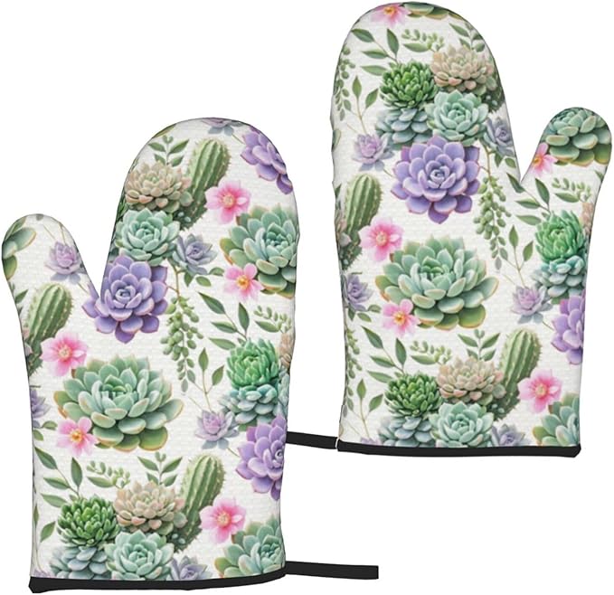 Succulents Oven Mitts of 2 Pack, Funny Kitchen Gloves Heat Resistant Non-Slip Kitchen Mitts for Cooking Baking Grilling
