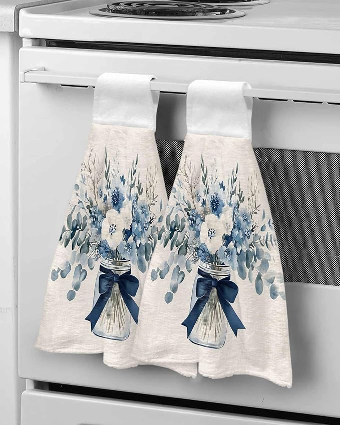 Alandar Home Kitchen Tie Towel Set of 2, Blue Eucalyptus Leaves Vase on Linen Absorbent Soft Hand Towels for Bathroom Hanging Towels, Spring Flower Leaf Fast Drying Cleaning Cloth with Loop