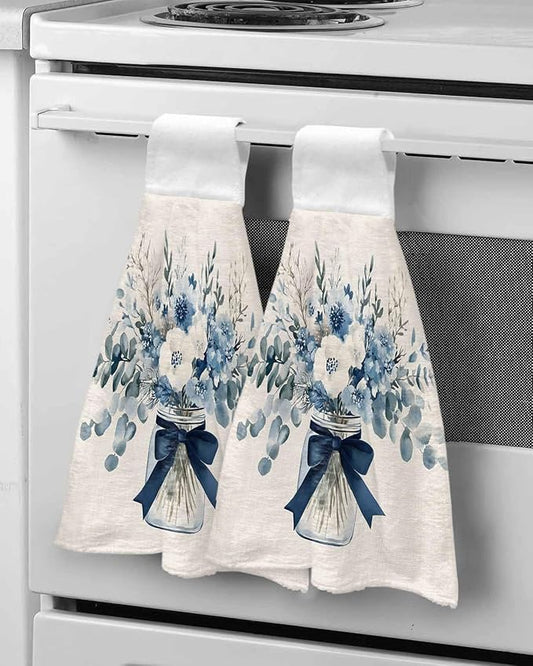 Alandar Home Kitchen Tie Towel Set of 2, Blue Eucalyptus Leaves Vase on Linen Absorbent Soft Hand Towels for Bathroom Hanging Towels, Spring Flower Leaf Fast Drying Cleaning Cloth with Loop