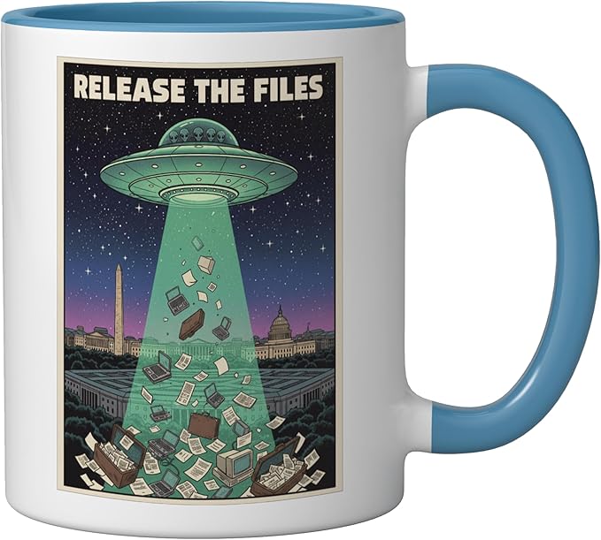 Release the Files UFO Disclosure UAP Alien Conspiracy Ceramic Mug, Blue/White