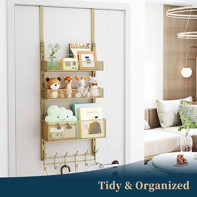 Consumest Over The Door Hooks Organizer - 4 Tier Door Coat Rack with 3 Baskets and 12 Hooks, Stainless Steel Towel Hanger for Bedroom, Bathroom, Living Room, Gold