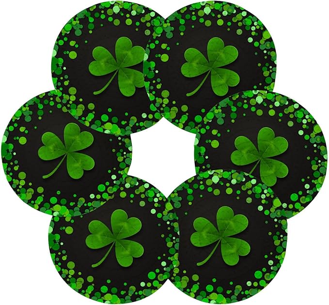 YETTASBIN St. Patrick's Day Shamrock 6 Pcs Drink Coasters with Holder, Cotton Woven Absorbent Heat-Resistant Round Coaster Non-Slip Table Mat for Kitchen Bar Home Decor Housewarming Gift, 3.9 in