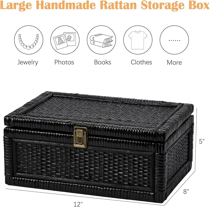 Rattan Box with Lid Decorative Natural Handmade Boho Rattan Baskets Woven Wicker Cane Bins Keepsake Memory Jewelry Boxes Rectangular Desk Shelf Closet Organizer Container (Black, Large)