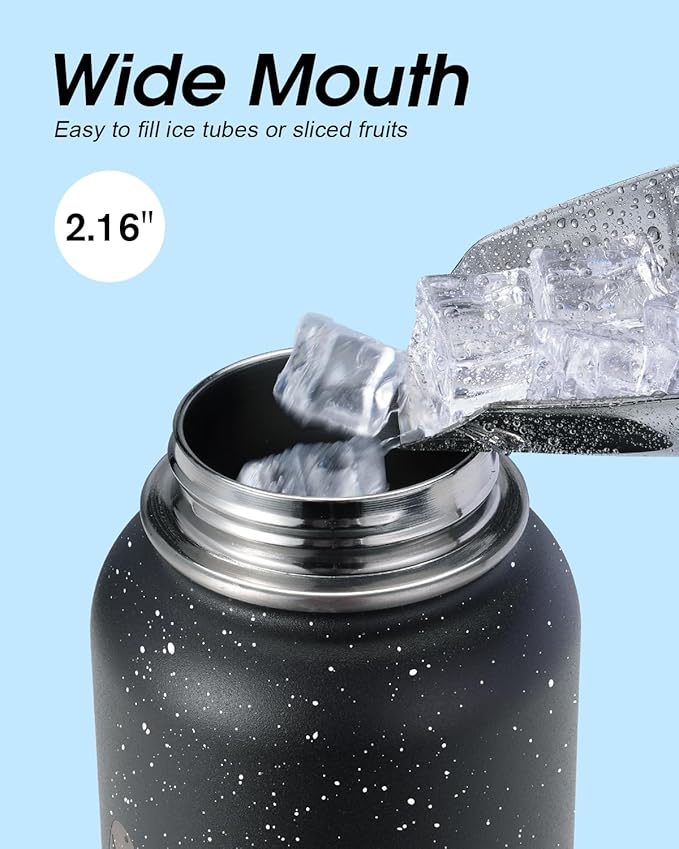 Coolflask Water Bottle 40 oz Insulated with Straw, Stainless Steel Metal 3 Lids Water Flask for Sports or Office, Keep Cold 48H Hot 24H, Starry Night