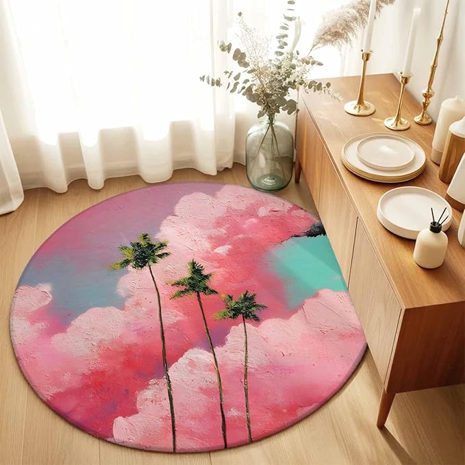 Washable Round Area Rug Summer Dreamy Pink Cloud Circle Rugs Floor Carpet for Living Room Bedroom, Watercolor Tropical Palm Tree Soft Non Slip Round Rug 3ft