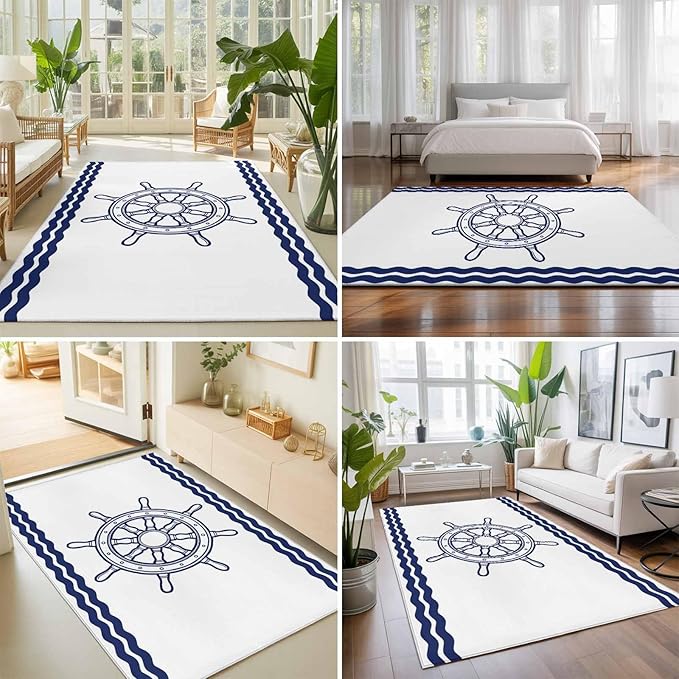 Area Rug 4x6ft, Summer Marine Nautical Ship Rudder Washable Rugs for Living Room Bedroom, Ocean Theme Navy Blue White Soft Non-Slip Area Rugs Rectangle Floor Carpet for Dining Room