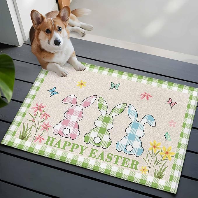 Area Rug 2x3ft, Happy Easter Bunny Shadow Flowers Washable Rugs for Living Room Bedroom, Retro Linen Cotton and Grid Soft Non-Slip Area Rugs Rectangle Floor Carpet for Dining Room
