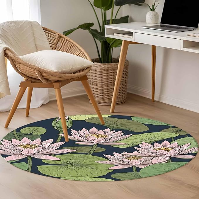 Washable Round Area Rug Pink Lotus Water Lily Dark Green Leaves Circle Rugs Floor Carpet for Living Room Bedroom, Oriental Style Soft Non Slip Round Rug 3ft