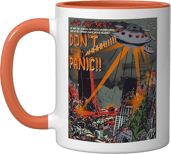 UFO Flying Saucer Invasion 1950s Sience Fiction Abduction Ceramic Mug, Orange/White
