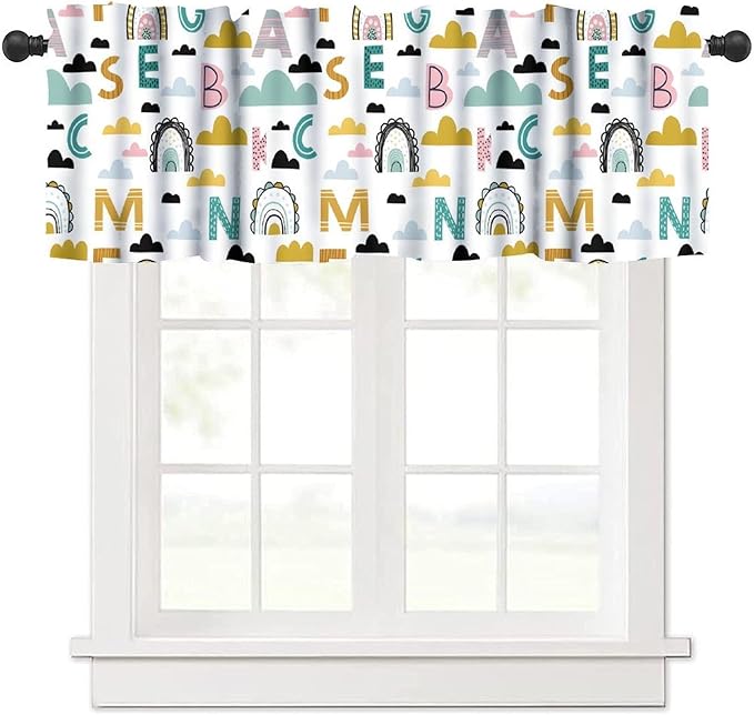 ABC Alphabet Valance, Cartoon Boho Rainbow Clouds Educational Tool Short Window Treatment for Kids Boys Girls Nursery Bedroom Classroom Kitchen, 54x18Inch