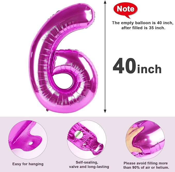 Number 6 Balloon 40 Inch, 6 7 Six Seven Birthday Decorations, 6th Birthday Balloon for Boy Girl, Rose Purple 16 60 61 65 Numbers Balloons Graduations Anniversary Supplies