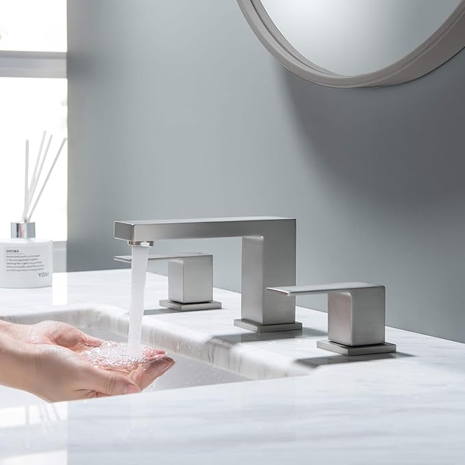 KIBI 2-Handle Cube Bathroom Sink Faucet with Drain Assembly | 3-Hole Installation, Solid Brass Construction | 8-Inch Widespread Lavatory Faucet | Brushed Nickel, KBF1024