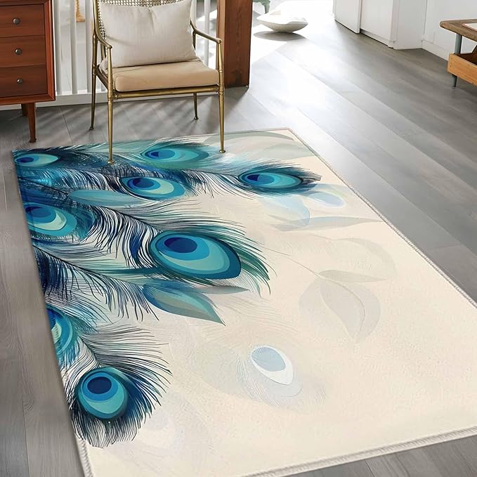 Area Rug 4x6ft, Abstract Animal Art Peacock Feather Washable Rugs for Living Room Bedroom, Watercolor Blue Eyes Beige Soft Non-Slip Area Rugs Rectangle Floor Carpet for Dining Room