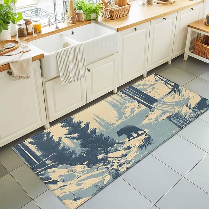 Runner Rug for Bedroom Hallway, Winter Bear Evergreen Trees Kitchen Runner Rugs Area Rug 2x6ft, Rustic Snow River Washable Soft Floor Carpet for Entryway Stair