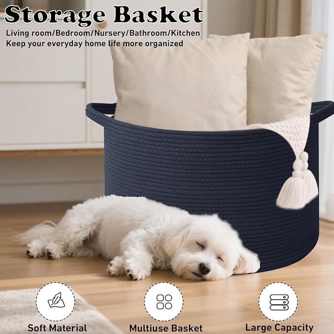 90L Extra Large Blanket Basket,Woven Rope Laundry Basket Hamper with Handles, Decorative Nursery Basket Storage Bin for Toys, Clothes Organizer, Living Room, Bedroom, Bathroom, Dark Blue