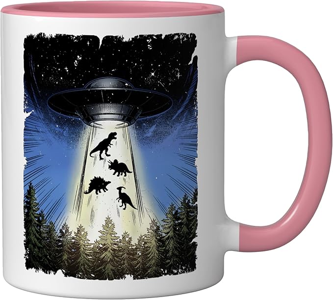 UFO Dinosaur Alien Abduction Flying Saucer Conspiracy Ceramic Mug, Pink/White