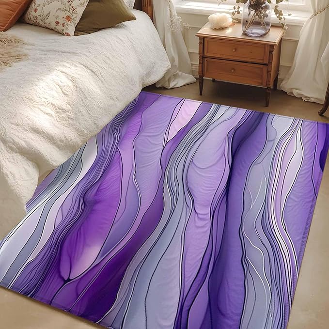 Area Rug 4x6ft, Abstract Art Purple Gray Wave Washable Rugs for Living Room Bedroom, Vintage Marble Texture Soft Non-Slip Area Rugs Rectangle Floor Carpet for Dining Room
