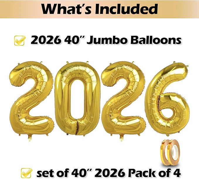40 Inch 2026 Pack of 4 Gold Big Helium Foil Balloon Numbers Large Mylar Number for Christmas New Year's Eve Party Graduation Birthday