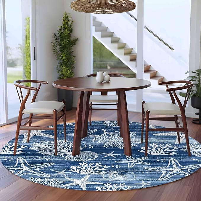 Navy Blue Coastal 7ft Round Rug, Ocean Coral Starfish Non-Skid Rubber Backing Large Area Rugs - Living Room Bedroom Home Office, Summer Beach Indoor Floor Mat Carpets Washable Rug