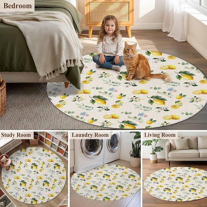 Washable Round Area Rug Country Lemon Flower Leaf Circle Rugs Floor Carpet for Living Room Bedroom, Pastoral Fruit Plant Vintage Linen Soft Non Slip Round Rug 3ft