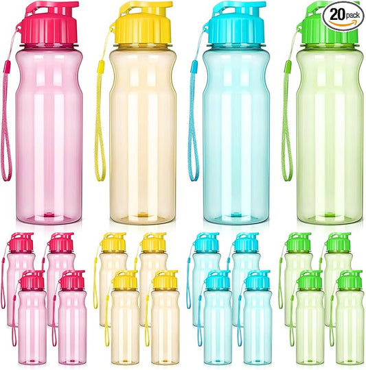 Tioncy 20 Pieces Plastic Water Bottles for Adults Bulk 17 oz Sport Drink Bottles with Handle Strap Lightweight Leakproof Drink Flip Top cups for Party Outdoor (Bright Color,bright style)