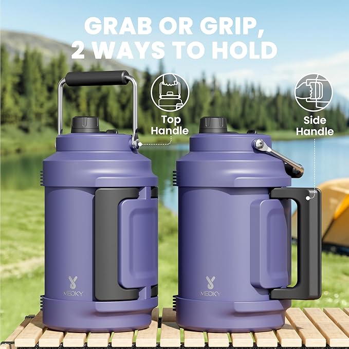 1 Gallon Insulated Water Bottle for Sports: Meoky 128 oz Triple Wall Vacuum Stainless Steel Water Jug - Top and Side Handles, Cold for 48 Hrs, 2-in-1 Straw and Spout Lid, Leak Proof for Hiking (Navy)