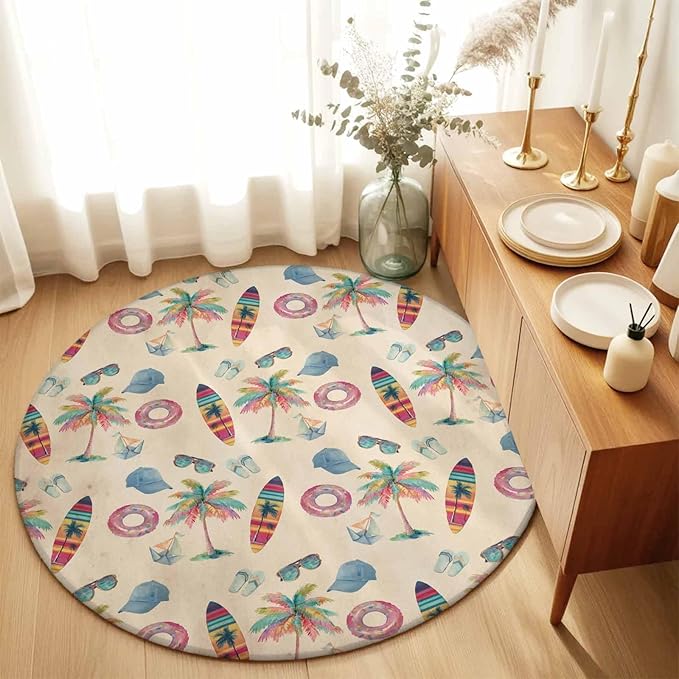 Washable Round Area Rug Summer Surfboard Coconut Tree Circle Rugs Floor Carpet for Living Room Bedroom, Coastal Vintage Plants Soft Non Slip Round Rug 3ft