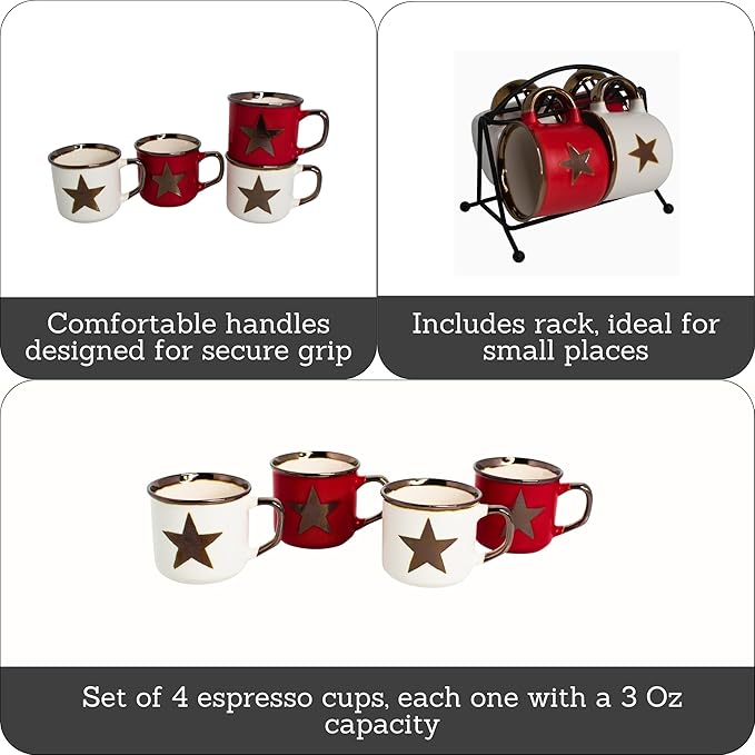 Imusa USA 4pc 3oz Red and White Unique STAR Design Espresso Cups 9Cuban Coffee