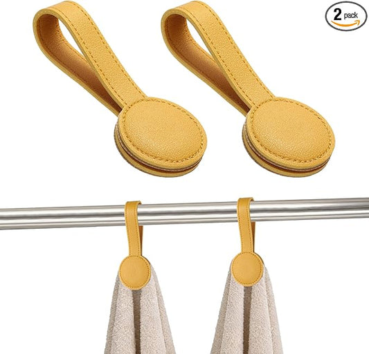 uxcell 2 Pcs Kitchen Magnetic Towel Clips, Leather Towel Holder Clip Multi-Purpose Hand Hooks Kitchen Accessories for Oven Handles Bars Racks, Yellow