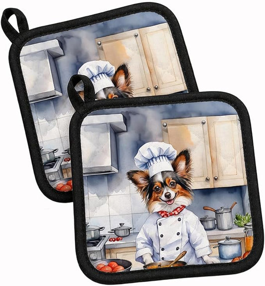 Caroline's Treasures Papillon The Chef Pair of Pot Holders Kitchen Heat Resistant Pot Holders Sets Oven Hot Pads for Cooking Baking BBQ, 7 1/2 x 7 1/2
