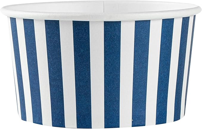 Restaurantware Coppetta 8 Ounce Dessert Cups, 50 Disposable Ice Cream Cups - Lids Sold Separately, Sturdy, Blue And White Paper FroYo Bowls, Striped, For Hot And Cold Foods, Perfect For Gelato